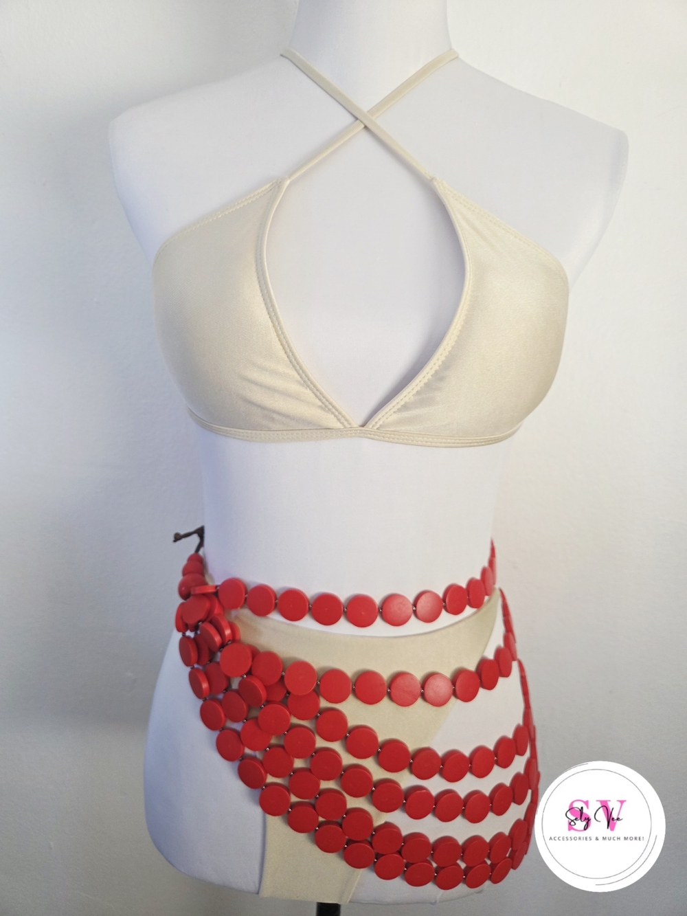 Red beaded wooden belt